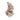 Small dog wearing a pink plush costume with a face on a white background