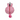 Pink plush toy with a red strap and heart-shaped clip on a white background